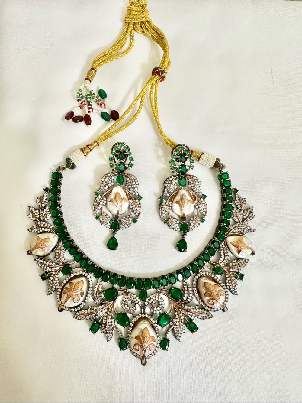 Victorian Style Necklace Set w/ Baroque-Style Pearls, Green Gemstones & CZs